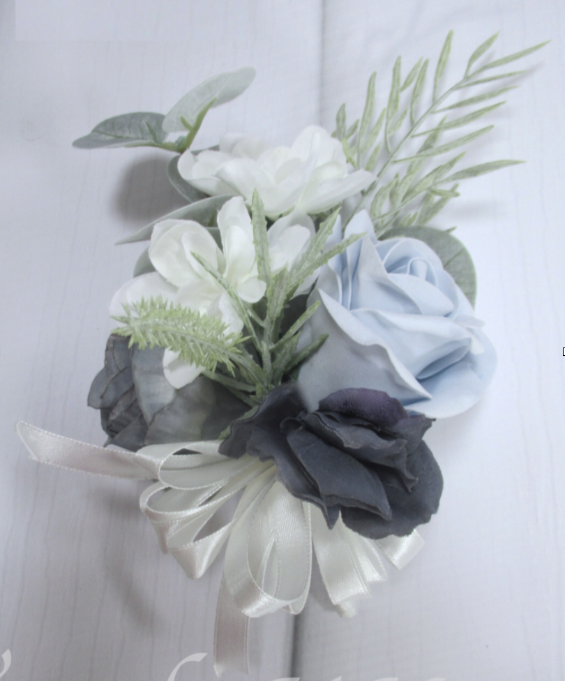 dusty blue pin on corsage, dusty blue wedding flowers
